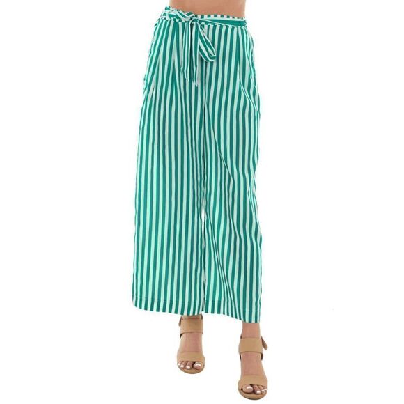 NWT Lime Lush Green Jade Striped Waist Tie Wide Leg Woven Pants - Picture 6 of 8